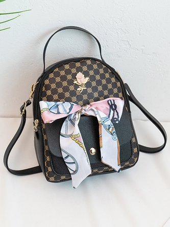 Geometric Pattern Patchwork Scarf Bow Zipper Magnetic Buckle Large Capacity Backpack