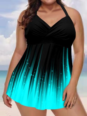 JFN Women's Line Print Conservative Thin Belly Cover Tankini Split Swimsuit Plus Size