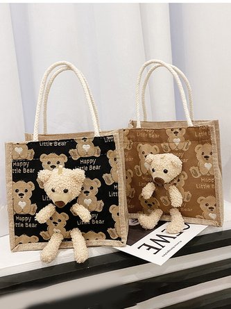 JFN Cute Bear Linen Handle Bento Bag Open Handbag