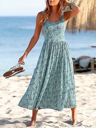 JFN Round Neck Floral Tribal Elegant Vacation Beach Sleeveless Midi Dress