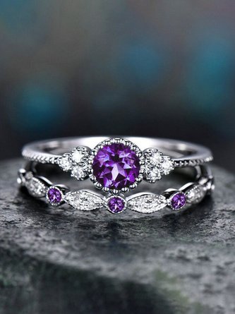 JFN Vintage Casual Purple Gemstone Layered Rings