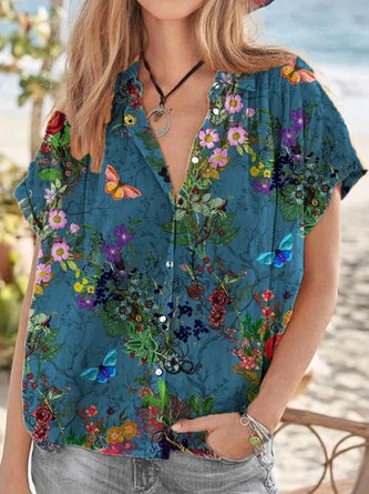 Vacation Floral Short Sleeve Blouse