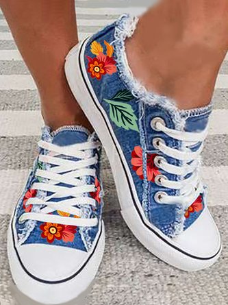JFN  Floral Leaves Lace Up Sneakers Denim Sneakers