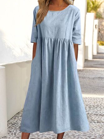 JFN Crew Neck Plain Loose Pocket Long Midi Dress
