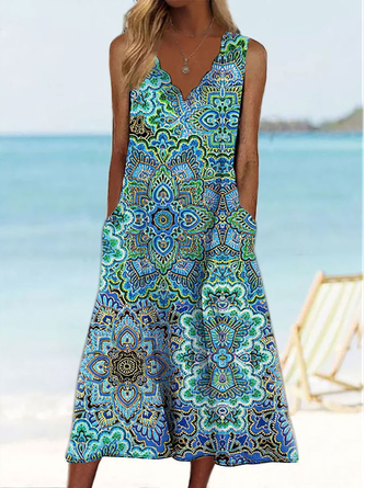 JFN V Neck Tribal Printed Vacation Beach  Midi Dresses