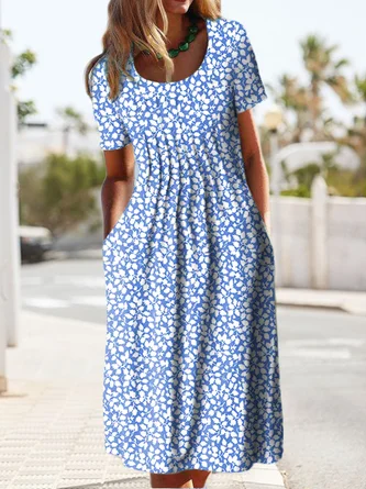 JFN Round Neck Pockets Floral Casual Midi Prom Dress | justfashionnow