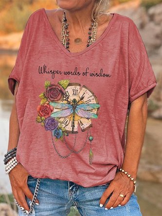 JFN V Neck Dragonfly Flowers Casual Oversized Whisper Words Of Wisdom Print Graphic T-shirt/Tee