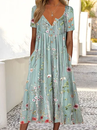 Women's A Line Dress Mixi Dress Light Blue Half Sleeve Floral Ruched Print Spring Summer v Neck Casual Modern