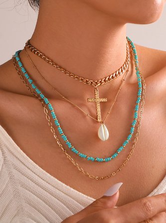JFN Boho Resort Beach Rice Beads Shell Cross Layered Necklace