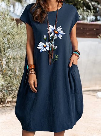 Vacation Floral  Crew Neck  Dresses