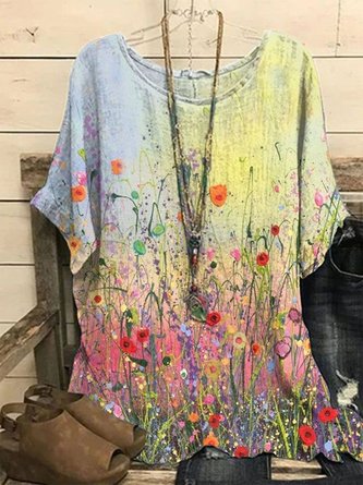 Crew Neck Loose Ombre Floral Tops