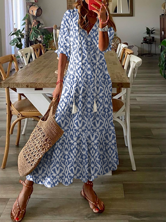 Women's Shift Dress Maxi Dress Half Sleeve Floral Print Summer Fall V Neck Casual Geometric Printed Dress