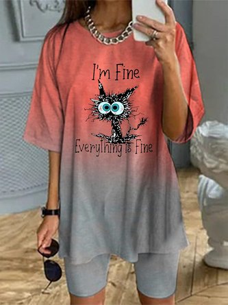 JFN Crew Neck Ombre Funny Cat Cartoon Casual Two-Piece Set