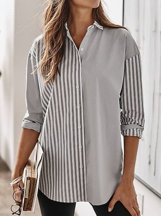 JFN Shirt Collar Striped Basic Daily Color Block Cotton-Blend Long Sleeve Shirt