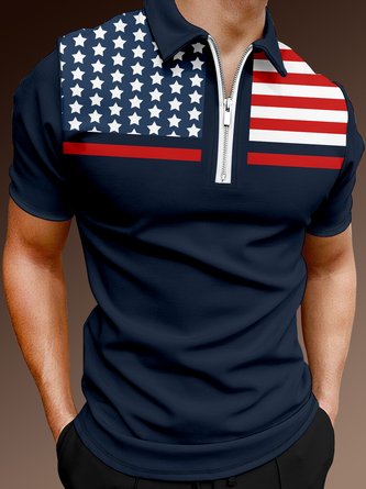 Men Striped Casual Summer Zipper Micro-Elasticity Household Shawl Collar Regular H-Line Polo shirt