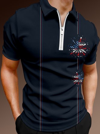 Casual Festive Collection Geometric Striped American Flag Pattern Lapel Short Sleeve Polo Print Top