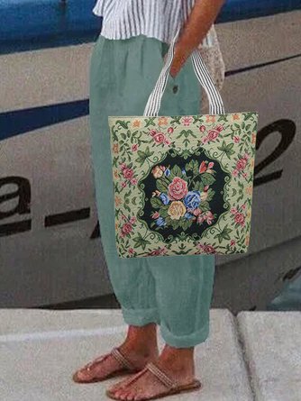 JFN Vintage Cotton Linen Floral Shoulder Bag Large Capacity Tote Zip Canvas Bag