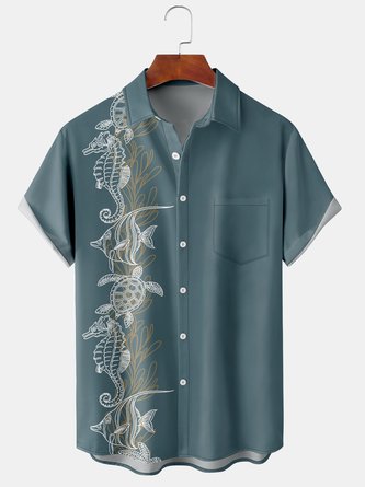 Men Fish Autumn Hawaii Polyester Printing Regular Fit Buttons Short sleeve H-Line shirts