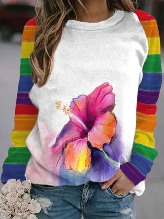 Casual Floral rainbow  Striped Crew Neck  Sweatshirts