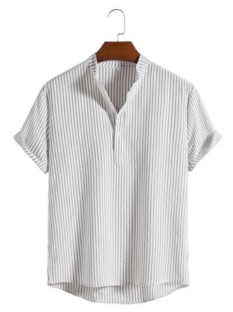 Men's Cotton Linen Stand Collar Striped Short Sleeve Shirt