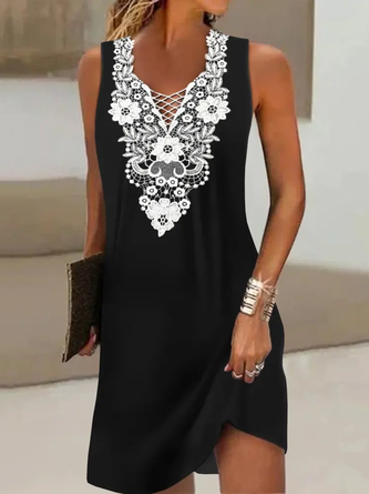 JFN V Neck Elegant Contrast Lace Sleeveless Casual Occasion Mini Prom Dress