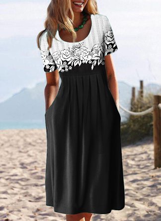 JFN Round Neck Floral Casual Midi Prom Dress