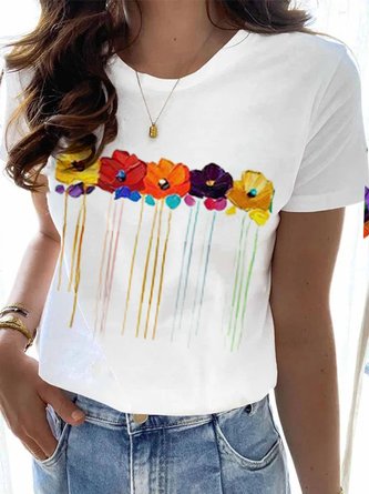 JFN Crew Neck Colorful Flowers Floral Casual T-Shirt/Tee