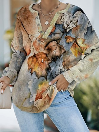 JFN V Neck Casual Cotton-Blend Maple Leaf Print Buttoned Sweatshirt