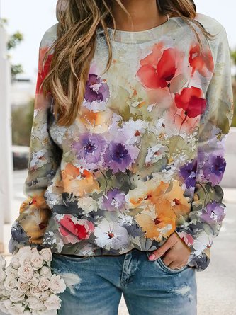 JFN Women Crew Neck Floral Print Long Sleeve Sweatshirt