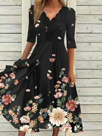 JFN V Neck Casual Floral Midi Swing Prom Dress