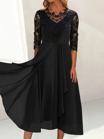 JFN Round Neck Plain Black Lace Elegant Swing Formal Occasion Midi Prom Dress