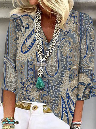 JFN V Neck Casual Ethnic Blouse Paisley 3/4 Sleeve Top