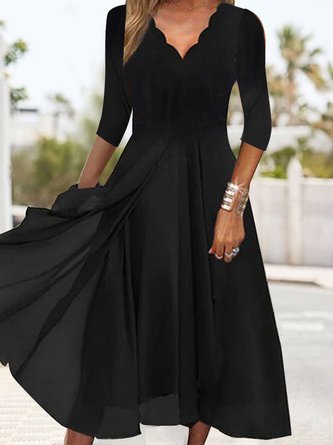 JFN V Neck Elegant Black Slim Fit Knit Midi Prom Dress