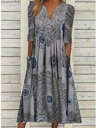 JFN V Neck Loose Ethnic Midi Dress