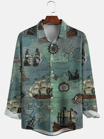 Casual Art Series Ocean Flag Sailboat Map Element Pattern Lapel Long Sleeve Print Shirt Top
