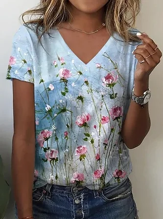 JFN V Neck Casual Floral Summer Daily T-shirt