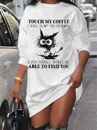 JFN Crew Neck Cat And Coffee Casual Loose Hoodie Dress