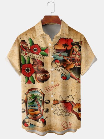 Men Plants Spring Hawaii Polyester Regular Fit Buttons Short sleeve H-Line Shirt Collar shirts