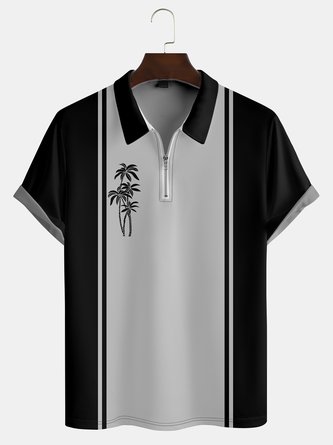 Striped Autumn Hawaii Printing Zipper Lightweight Micro-Elasticity Household Regular Size Polo shirt for Men