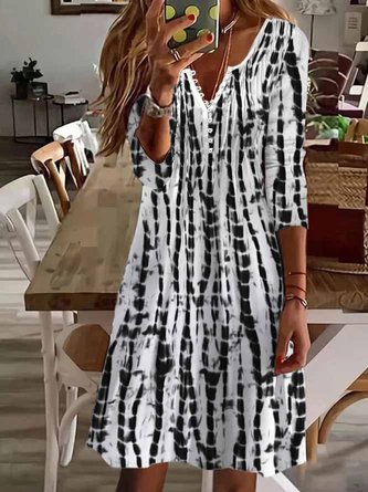 Geometric Casual Autumn Polyester V neck Natural Daily A-Line Medium Elasticity Dresses for Women