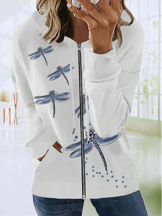 Women Casual Autumn Dragonfly Polyester Zipper Micro-Elasticity Loose Regular Off Shoulder Sleeve Sweatshirts