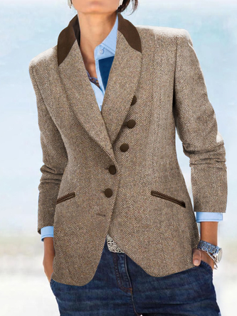 Casual Plain Winter Polyester Natural No Elasticity Shawl Collar H-Line Regular Blazer for Women