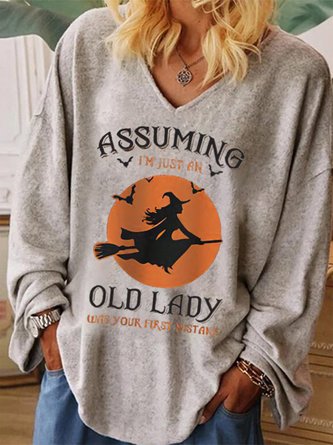 JFN V Neck Casual Text Letters Autumn Halloween Long sleeve Tops