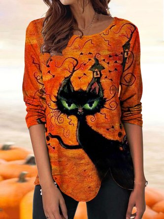 JFN Crew Neck Casual Autumn Cat Daily Halloween Long sleeve Tops