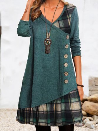 JFN V Neck Geometric Casual Daily Long sleeve A-Line Buttoned Midi Dress