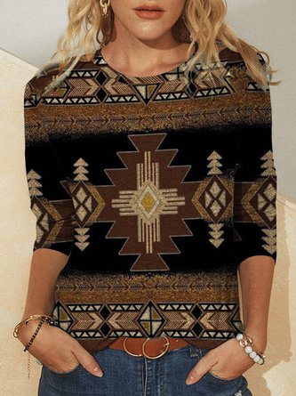 Ethnic Floral Design Round Neck Long Sleeve T-Shirt