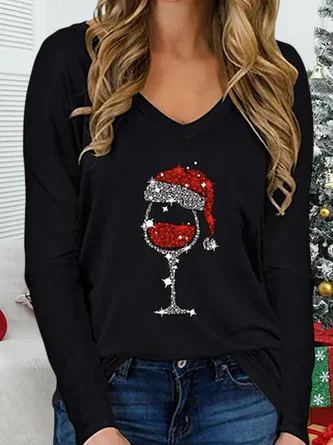 Christmas V Neck Loose Casual T-Shirt