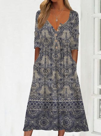 Damask Gradient half open button Long Dress