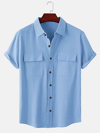 Men's Casual Cotton Linen Square Neck Short Sleeve Work Shirt