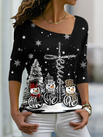 Women's Black long sleeve Tee Snowman Christmas Tree Printed T-shirts	